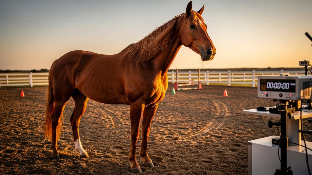 Photo hyper-réaliste d’une race de cheval testée en performance sur six mois en arène équestre