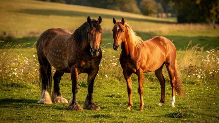 Comparaison réaliste d’un cheval de trait et d’un cheval de selle dans un champ au coucher du soleil