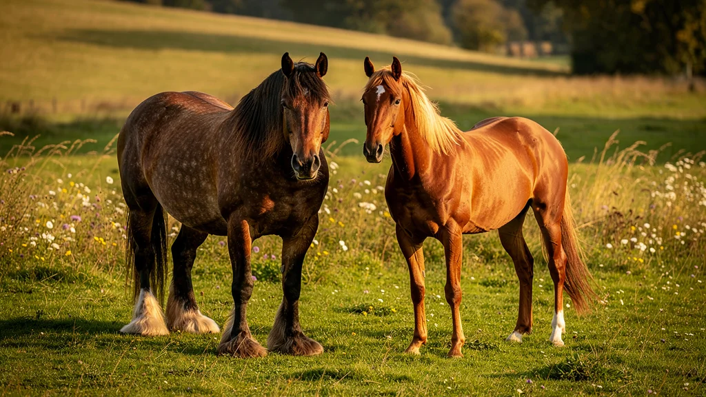 Comparaison réaliste d’un cheval de trait et d’un cheval de selle dans un champ au coucher du soleil