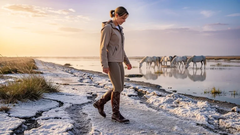 Femme testant des bottes d'équitation basses sur les chemins salés de Camargue au lever du jour