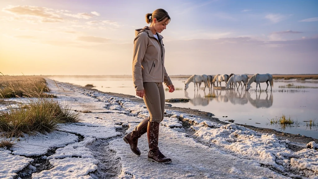 Femme testant des bottes d'équitation basses sur les chemins salés de Camargue au lever du jour