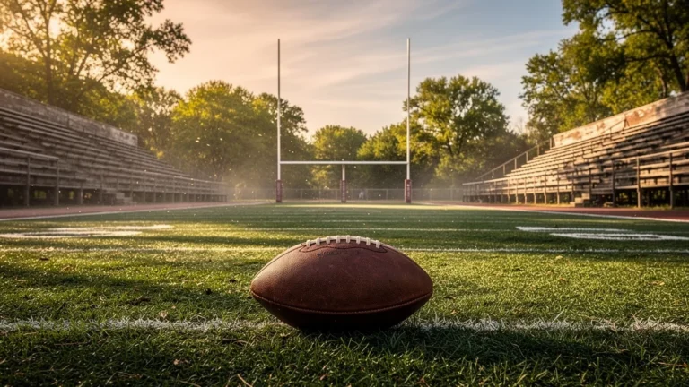 Vue réaliste d’une zone de football vintage avec un ballon de cuir et des gradins en bois usés