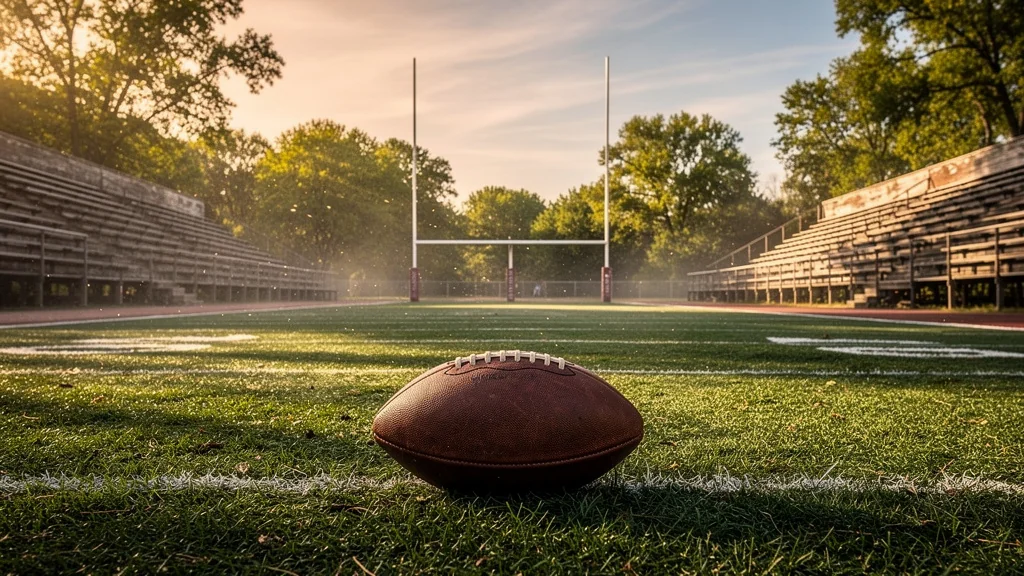 Vue réaliste d’une zone de football vintage avec un ballon de cuir et des gradins en bois usés
